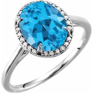 14K White Gold 10x8 mm Natural Swiss Blue Topaz & .06 CTW Natural Diamond Ring