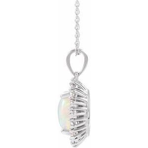 14K White Gold Natural White Opal & 1/3 CTW Natural Diamond Halo-Style 16-18" Necklace