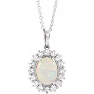 14K Yellow Gold Natural White Opal & 1/3 CTW Natural Diamond Halo-Style 16-18" Necklace