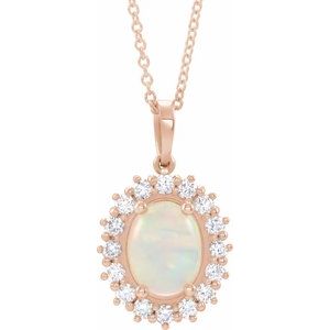 14K Rose Gold Natural White Opal & 1/3 CTW Natural Diamond Halo-Style 16-18" Necklace