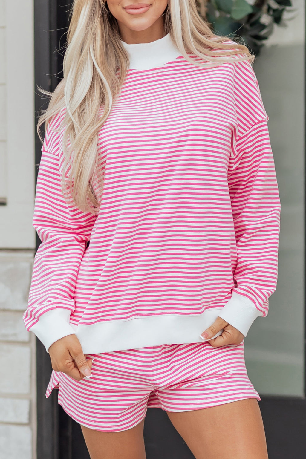 Stripe Oversize Mock Neck Sweatshirt & Shorts Set