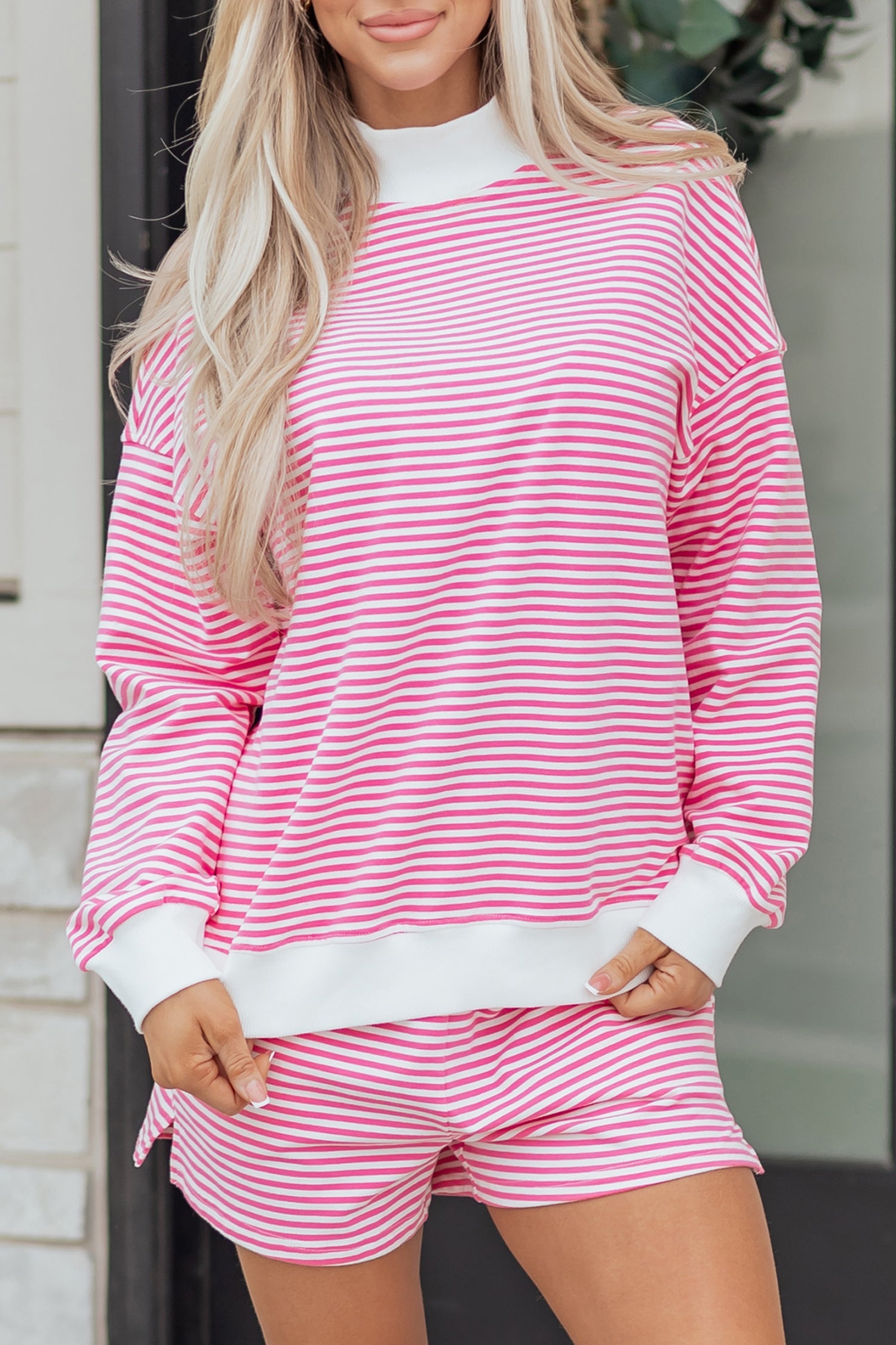 Stripe Oversize Mock Neck Sweatshirt & Shorts Set