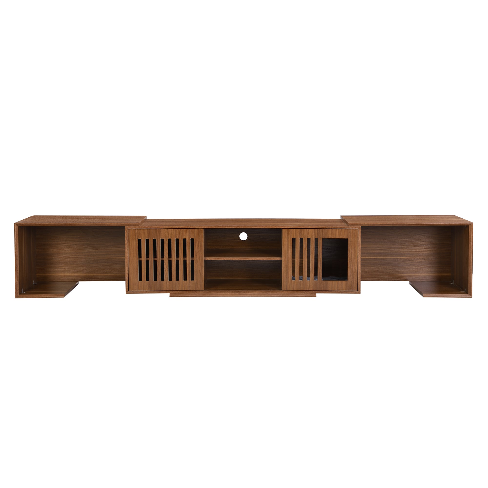 Mid-Century Modern 2 in 1 Cat Furniture, Cat House Litter Box Enclosure Walnut TV Stand With Extendable table, Sliding door. Wood TV Cabinet with Storage