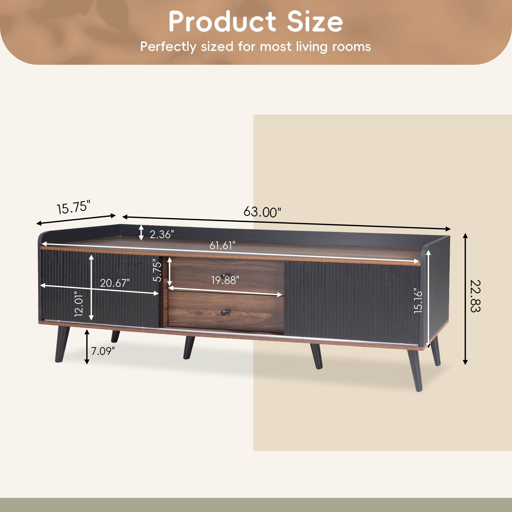 63'' Mid Century TV Stand with 2 Cabinets&  Open Compartments, Entertainment Center for TVs up to 70'', Television Console for Living Room, Bedroom, Home Theatre
