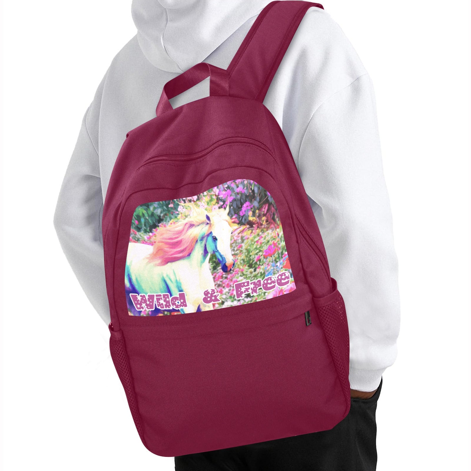 Wild & Free White Horse Magenta Backpack | Upper Part Printing