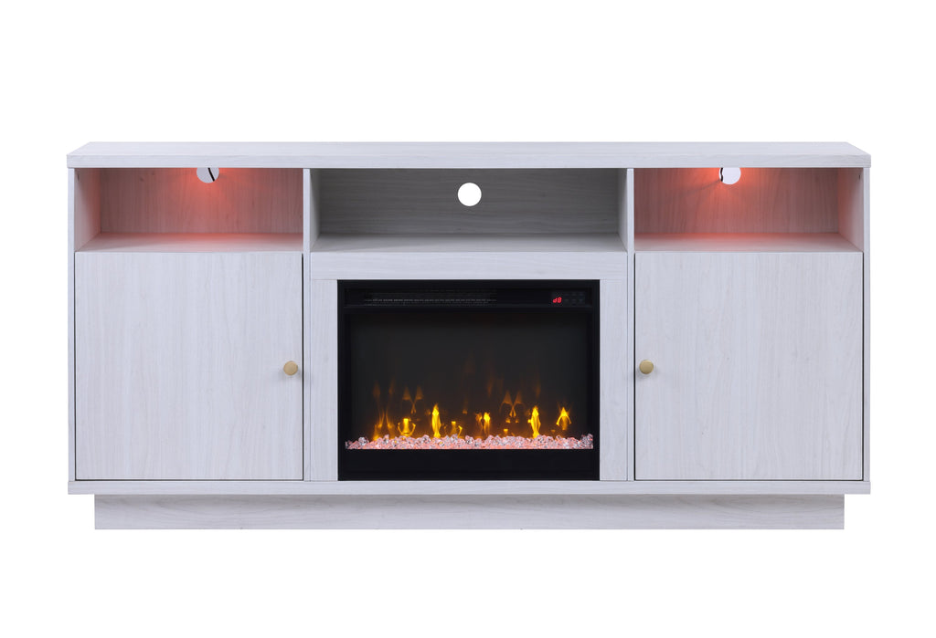 Ambrose 70'W White Walnut Finish Fireplace Console TV Stand with Heater, LED Light, Cabinets, Shelves