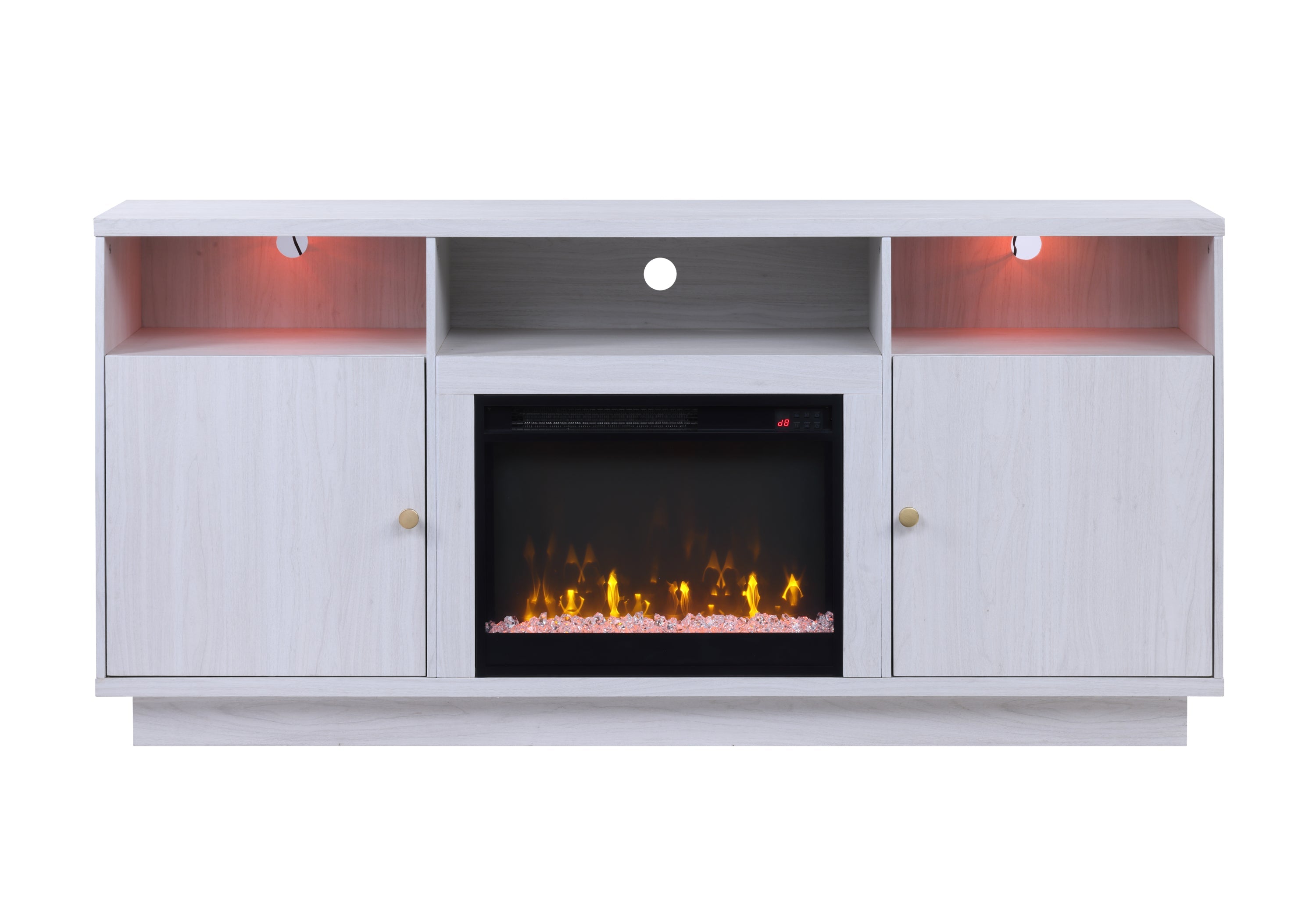 Ambrose 70'W White Walnut Finish Fireplace Console TV Stand with Heater, LED Light, Cabinets, Shelves