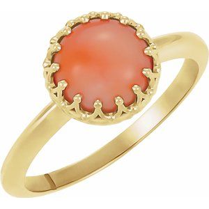 14K Yellow Gold 5 mm Natural Pink Coral Crown Cabochon Ring