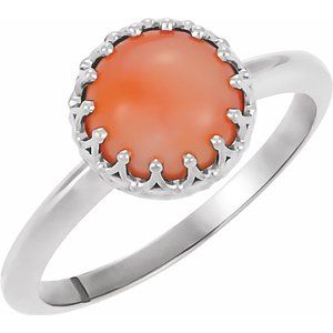 Platinum 5 mm Natural Pink Coral Crown Cabochon Ring
