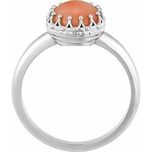 14K White Gold 6 mm Natural Pink Coral Crown Cabochon Ring
