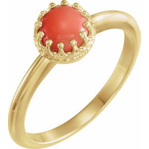 14K Yellow Gold 6 mm Natural Pink Coral Crown Cabochon Ring