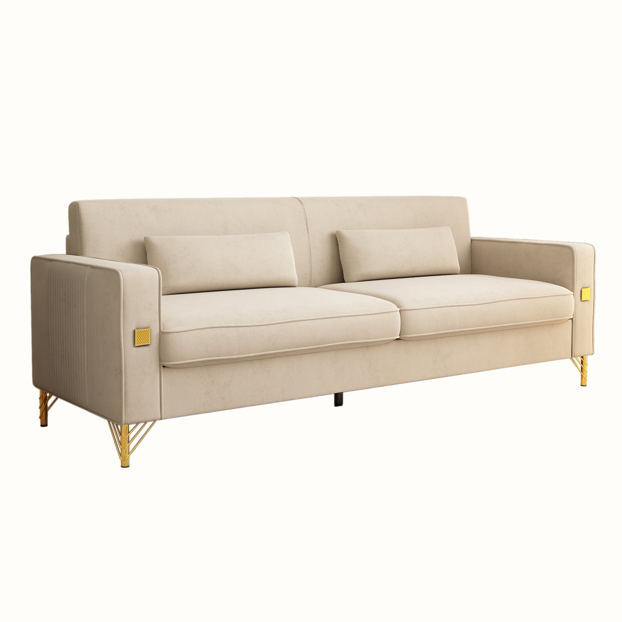 FX-P18-BE(SOFA)Modern Beige Sofa Couch for Living Room, 85.83' Upholstered 3-Seater Sofa with Metal Legs & Pillows, Minimalist Style