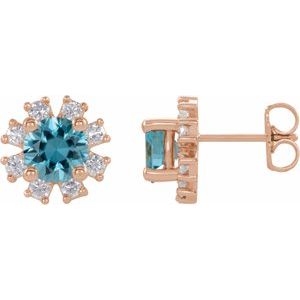 14K Rose Gold Natural Blue Zircon & 1/2 CTW Natural Diamond Earrings