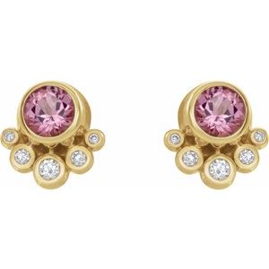 14K Yellow Gold Natural Pink Tourmaline & 1/8 CTW Natural Diamond Earrings – image 2