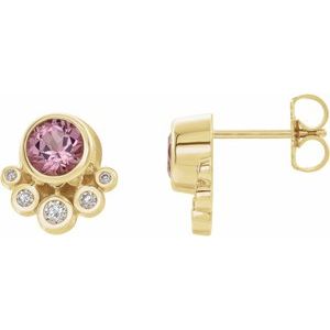 14K Yellow Gold Natural Pink Tourmaline & 1/8 CTW Natural Diamond Earrings