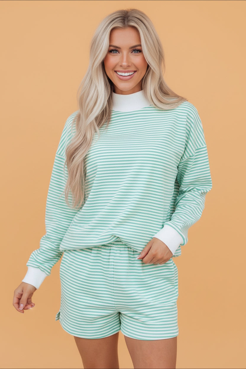 Stripe Oversized Mock Neck Sweatshirt & Shorts Set
