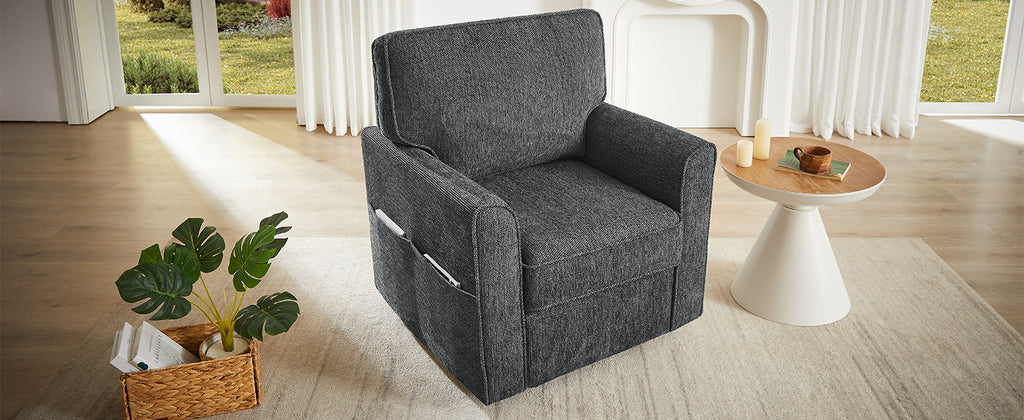 360° Swivel Chair Accent Barrel Armchair with Side Pockets, Grey Chenille, Compact Design for Living Room, Bedroom, Office
