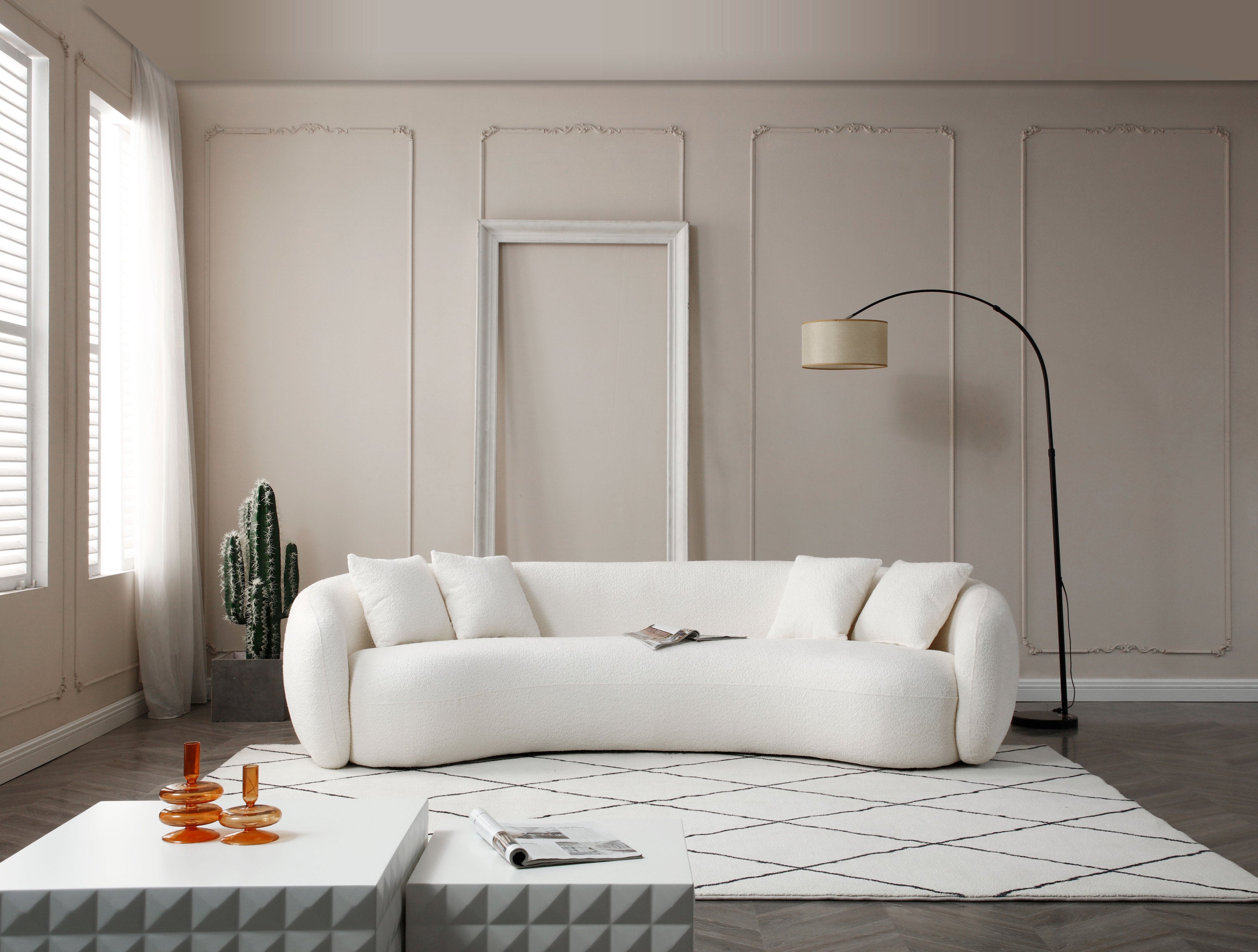 102'' 5-Seater Boucle Sofa Modern Sectional Half Moon Leisure Couch Curved Sofa Teddy Fleece Velet  WHITE