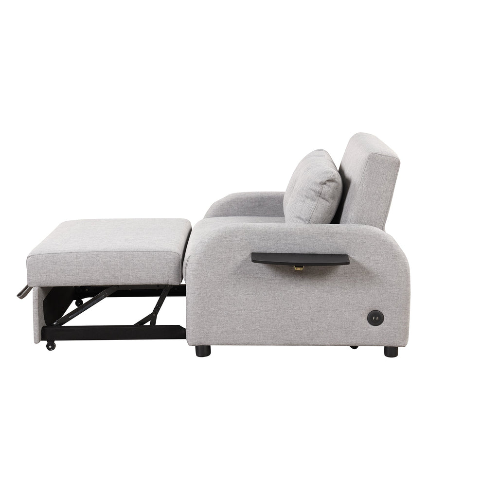 3-in-1 Pull Out Sofa Sleeper with Wing Table and USB Charge, Gray Linen, Iron Frame, 36.2-71.7'D x 42.9'W x 35.8'H