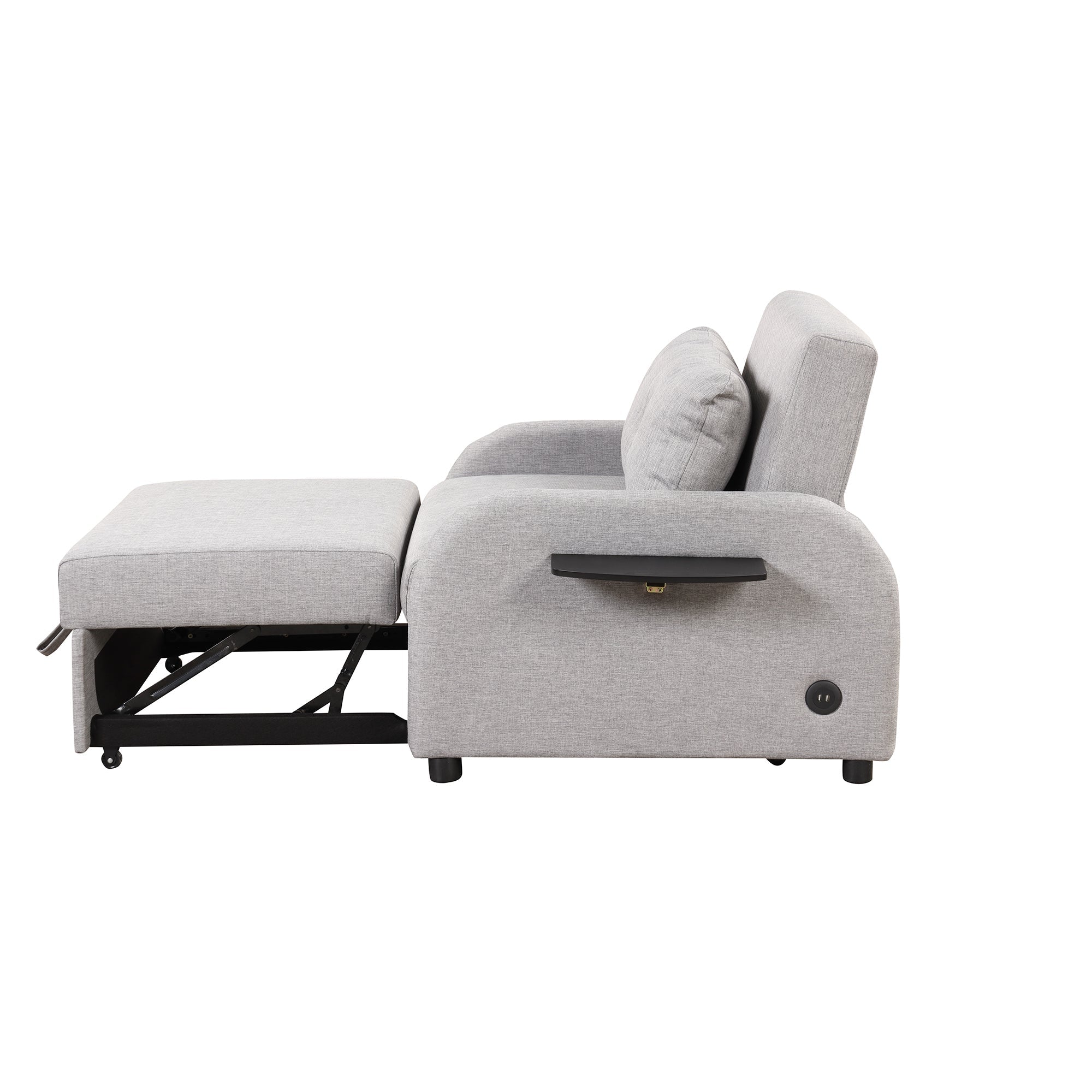 3-in-1 Pull Out Sofa Sleeper with Wing Table and USB Charge, Gray Linen, Iron Frame, 36.2-71.7'D x 42.9'W x 35.8'H