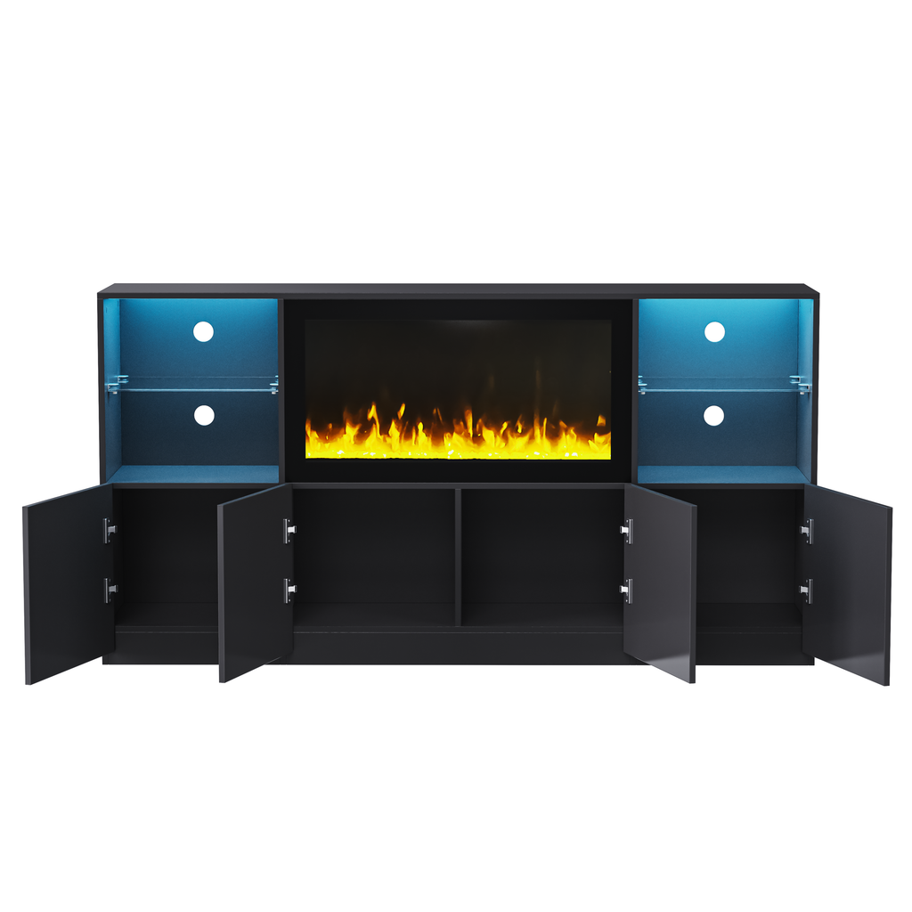 ON-TREND High Gloss TV Stand with 34.2' Non-heating Electric Fireplace, Modern Entertainment Center with LED Light, Media Console with Tempered Glass Shelves for TVs up to 75', Living Room, Black