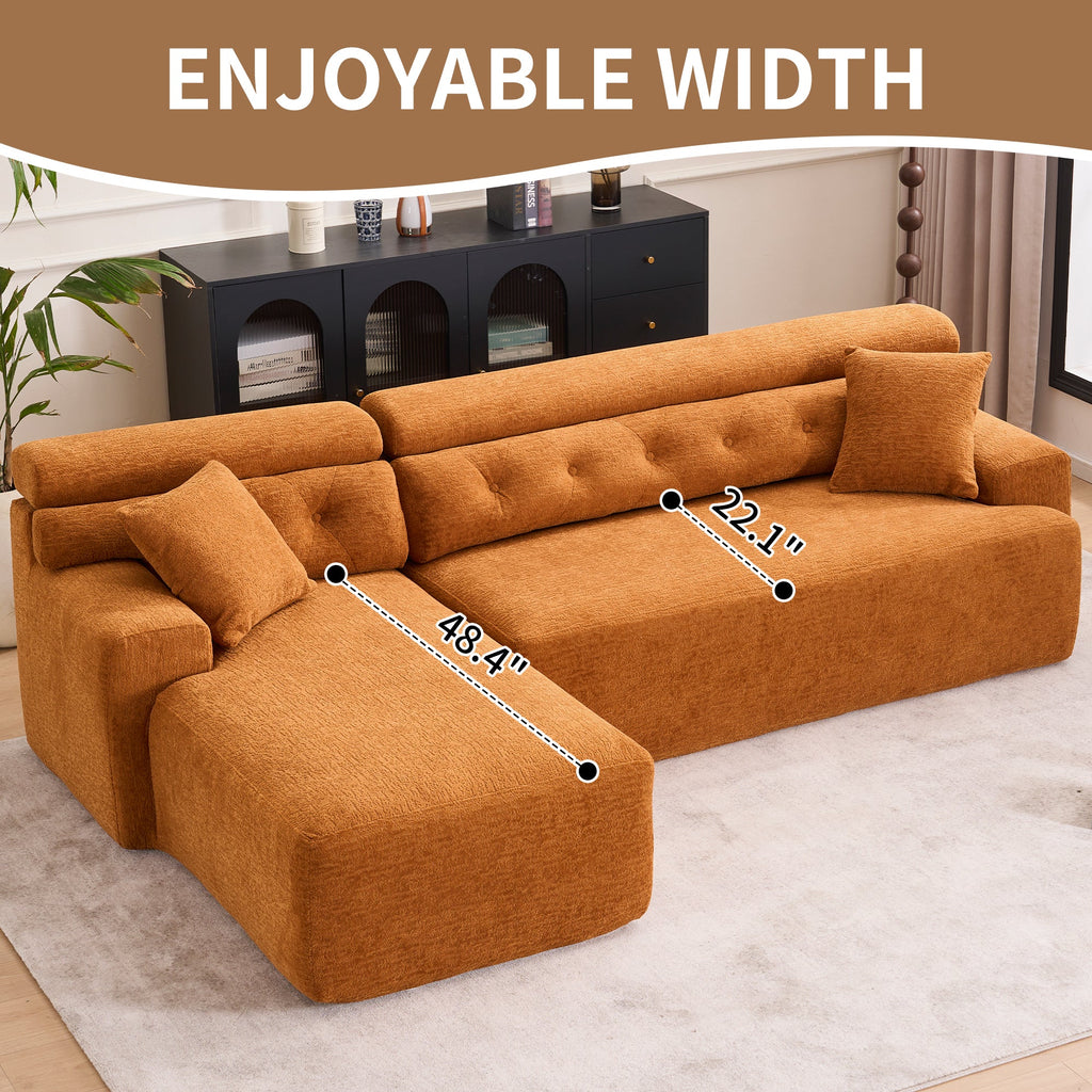 LY-029B Convertible Chaise Sectional Sofa, Full Compression Sponge Modular Couch for Apartment Living Room,Orange 3-Seater with Wood Grain Chenille, 2 Pillows Included, 86'L