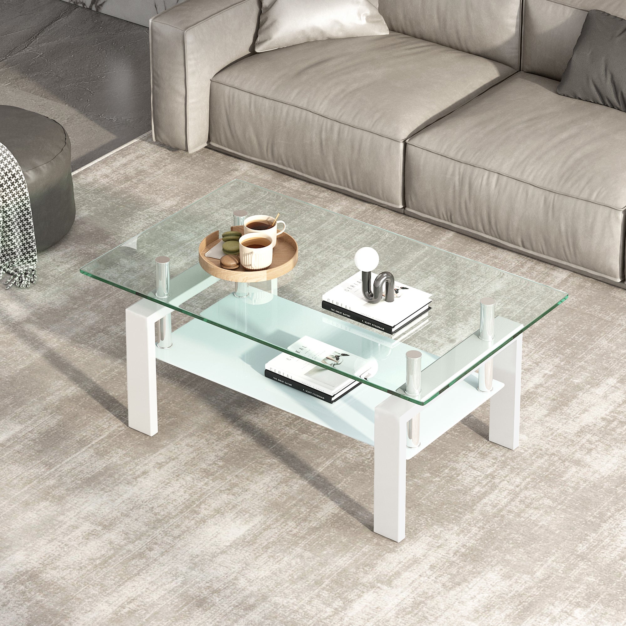 Luxury Modern Tempered Clear Glass Coffee Table with 2-Layers and Solid MDF Frame for Living Room