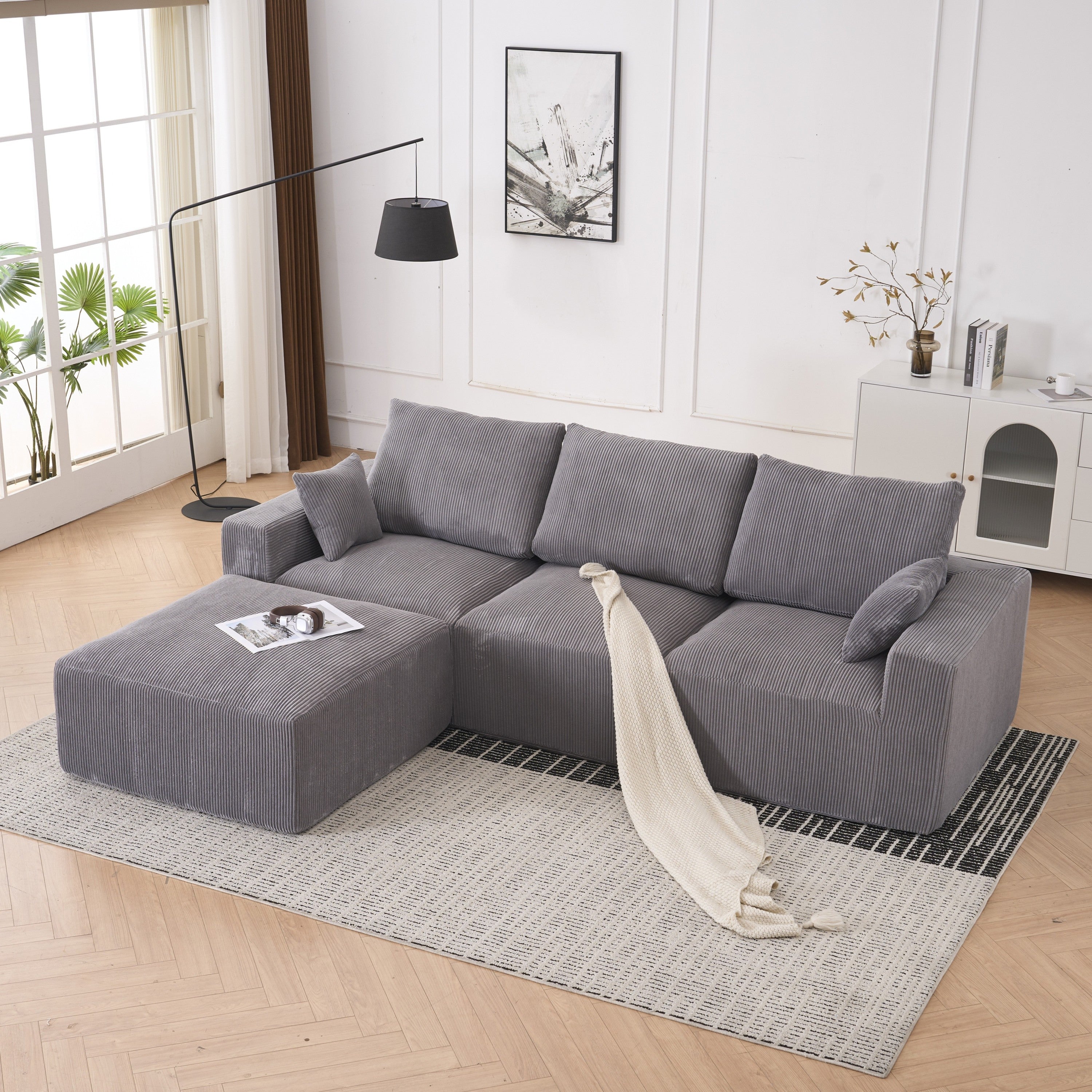 Modern U-shaped 6-seat Upholstered Sleeper Sofa with Console, Cupholders, USB Ports, Gray Corduroy