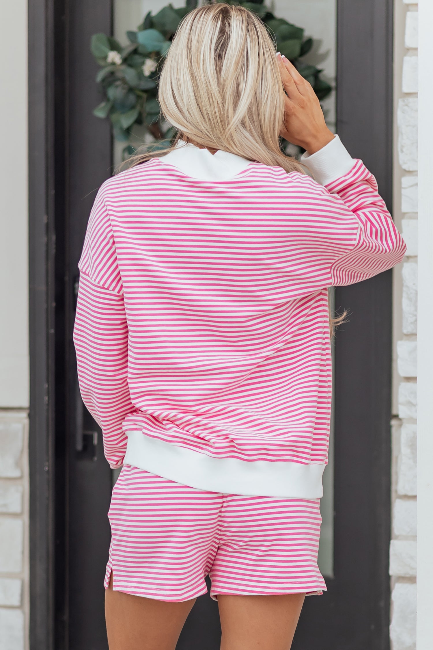 Stripe Oversize Mock Neck Sweatshirt & Shorts Set