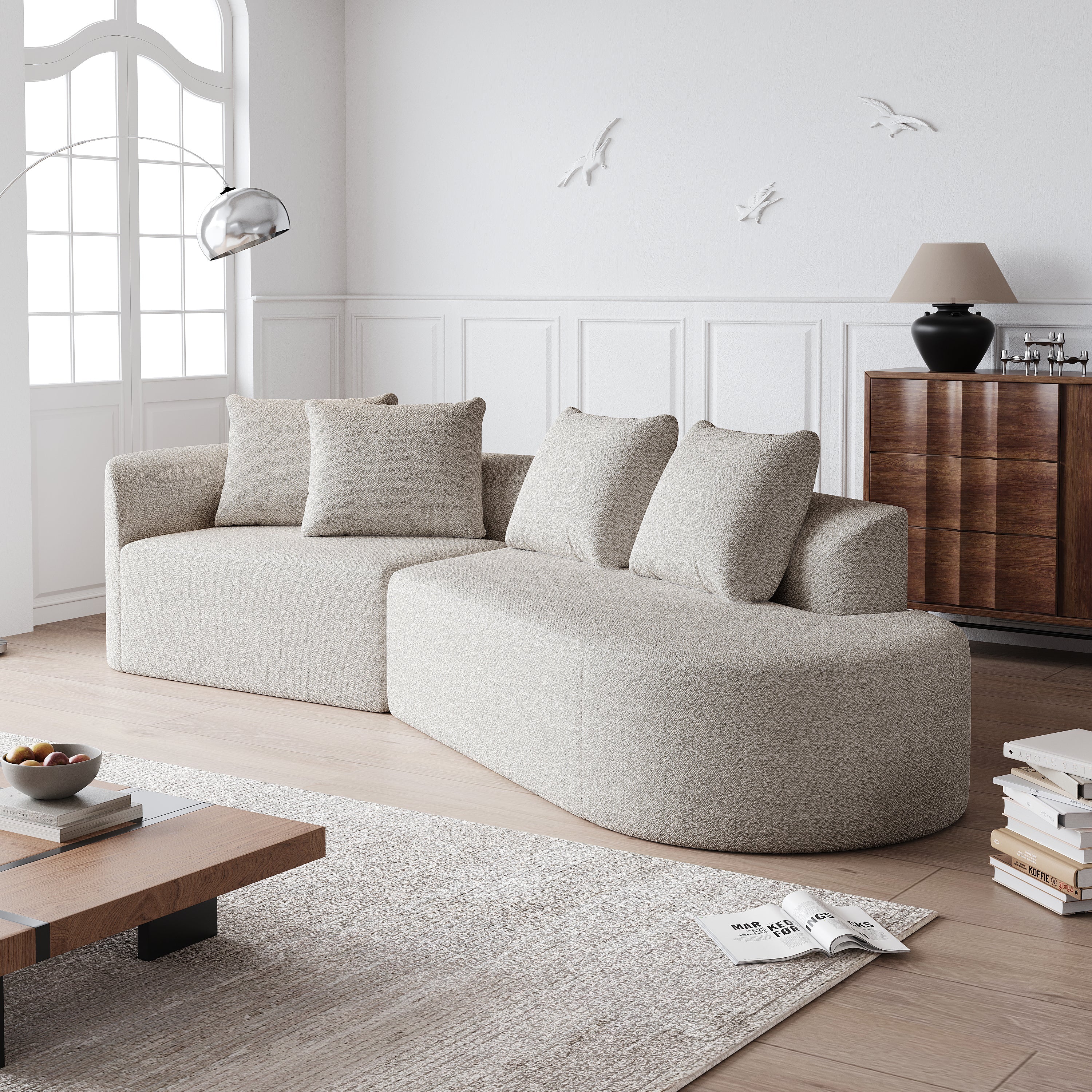 Modern Upholstered Oversized Sectional Sofa, 112-Inch Chenille 4-Seater Extra Deep & Wide Seat Curved Cloud Couch with 4 Throw Pillows, Free Combination Sofa Couch for Living Room,Bedroom