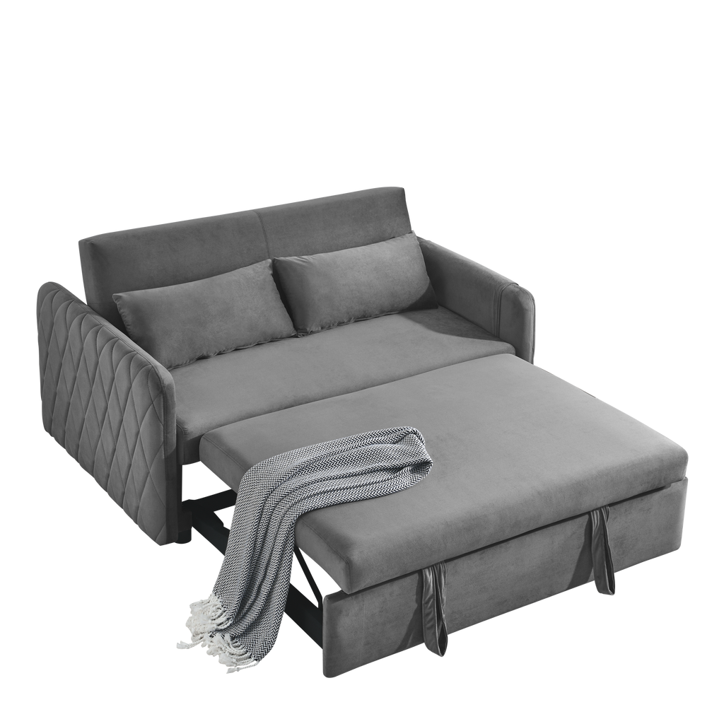 55' Modern Convertible Sofa Bed with 2 Detachable Arm Pockets, Velvet Loveseat Sofa with Pull Out Bed, 2 Pillows and Living Room Adjustable Backrest, Grid Design Armrests