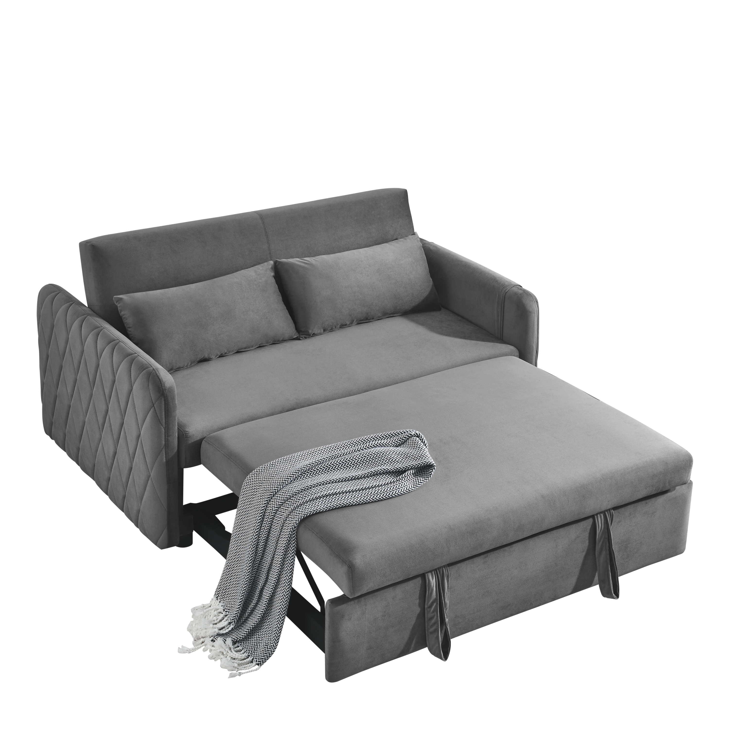 55' Modern Convertible Sofa Bed with 2 Detachable Arm Pockets, Velvet Loveseat Sofa with Pull Out Bed, 2 Pillows and Living Room Adjustable Backrest, Grid Design Armrests