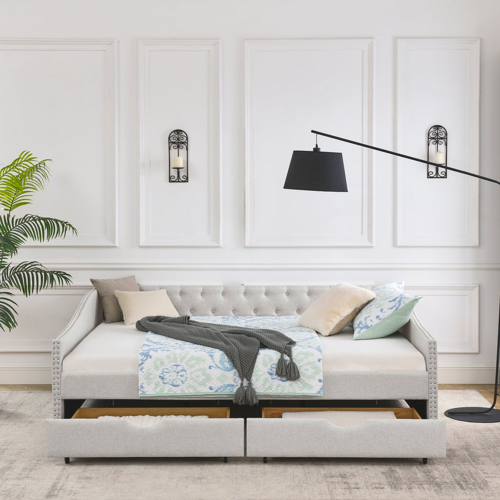 Queen Size Daybed with Drawers Upholstered Tufted Sofa Bed,,with Button on Back and Copper Nail on Waved Shape Arms, Beige (84.5'x63.5'x26.5')