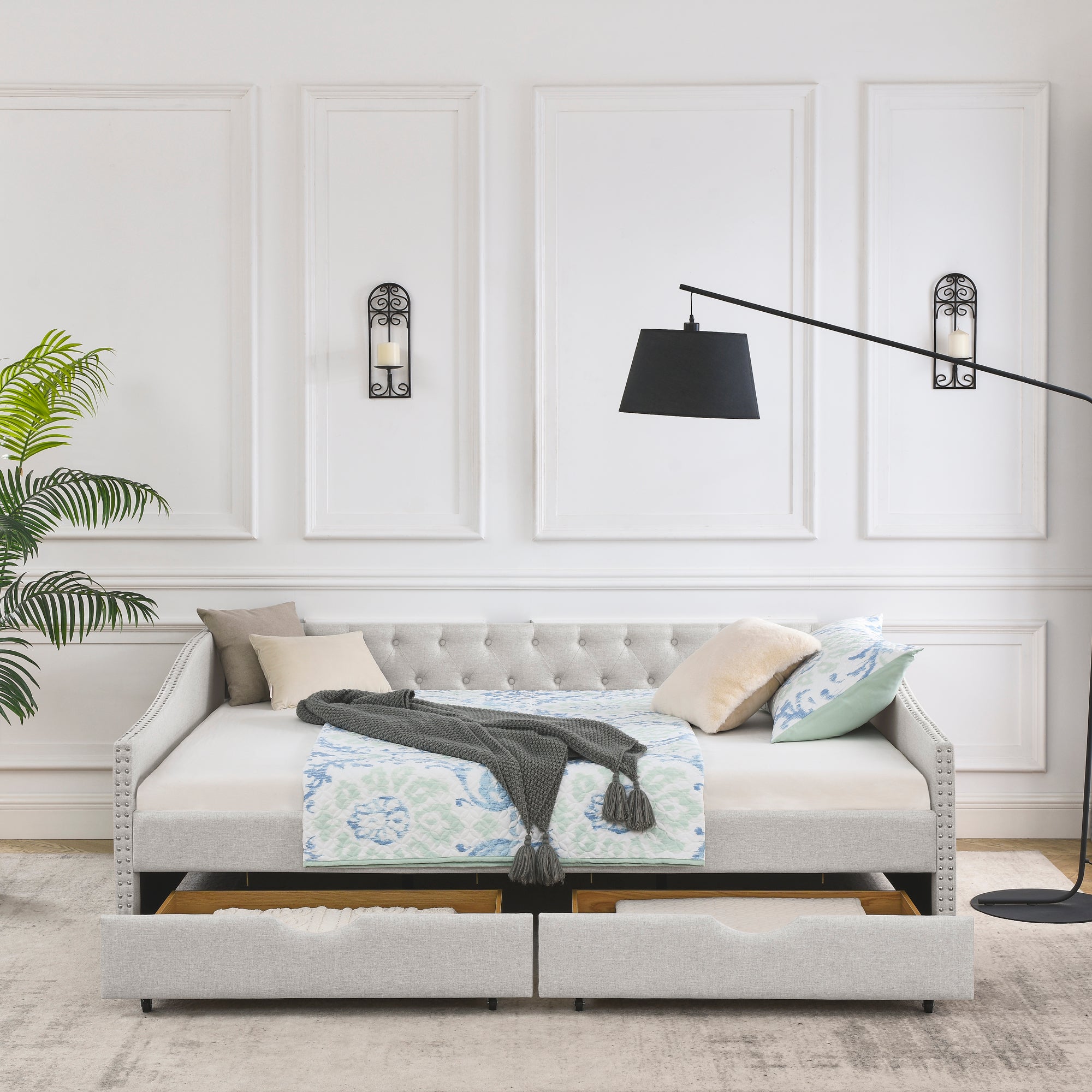 Queen Size Daybed with Drawers Upholstered Tufted Sofa Bed,,with Button on Back and Copper Nail on Waved Shape Arms, Beige (84.5'x63.5'x26.5')