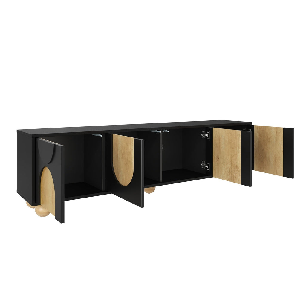 Farmhouse TV Stand with Cable Holes for TVs up to 75', Cream Style Media Console with Rebound Device, Elegant Entertainment Center with 5 Solid Wood Legs for Living Room, Bedroom, Black, 69.6'W
