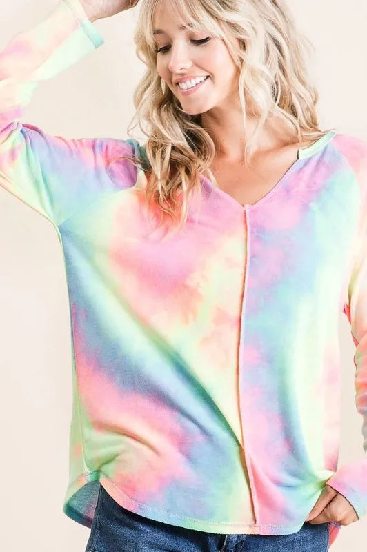 BiBi Long Sleeve Tie Dye Terry T Shirt Relaxed Comfort