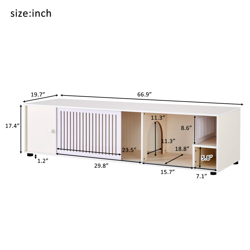 Modern Cream White TV Stand with Storage, Cat Litter Box Enclosure with Removable Sliding Door
