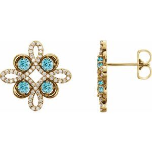 14K Yellow Gold Natural Blue Zircon & 1/4 CTW Natural Diamond Earrings