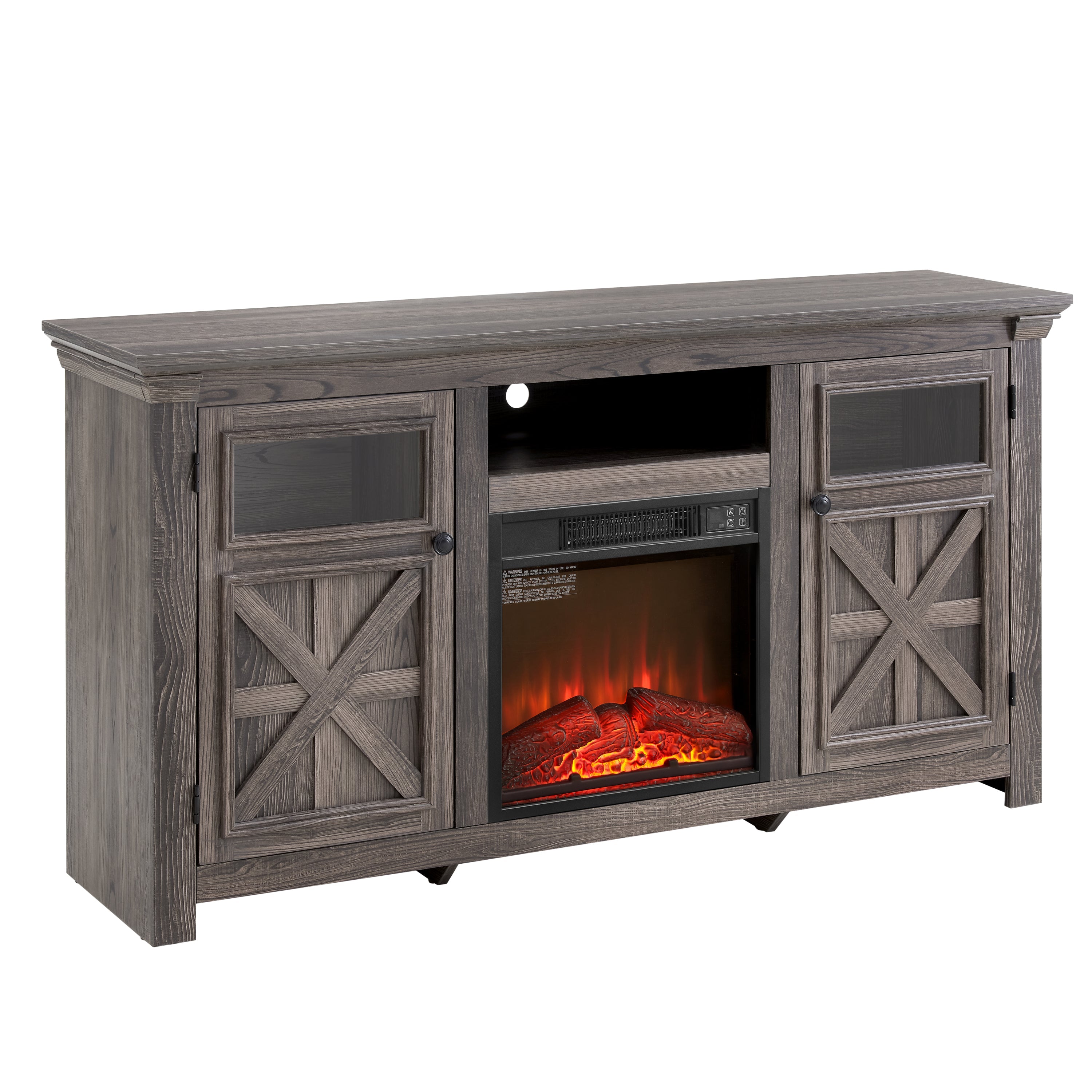 2 Doors Cabinet Farmhouse  Cabinet, Farmhouse TV Stand Barn Design,Farmhouse TV Media Stand, Large Barn Inspired Home Entertainment Console with 18' fireplace insert,GREY, 60.23'W*15.35'D*31.7'H