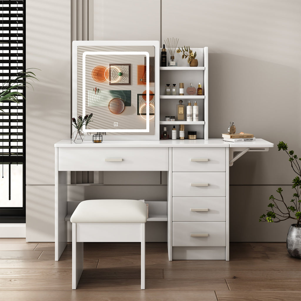 Fashion Vanity Desk with Mirror and Lights for Makeup, White MDF, 5 Drawers, Adjustable Lighting