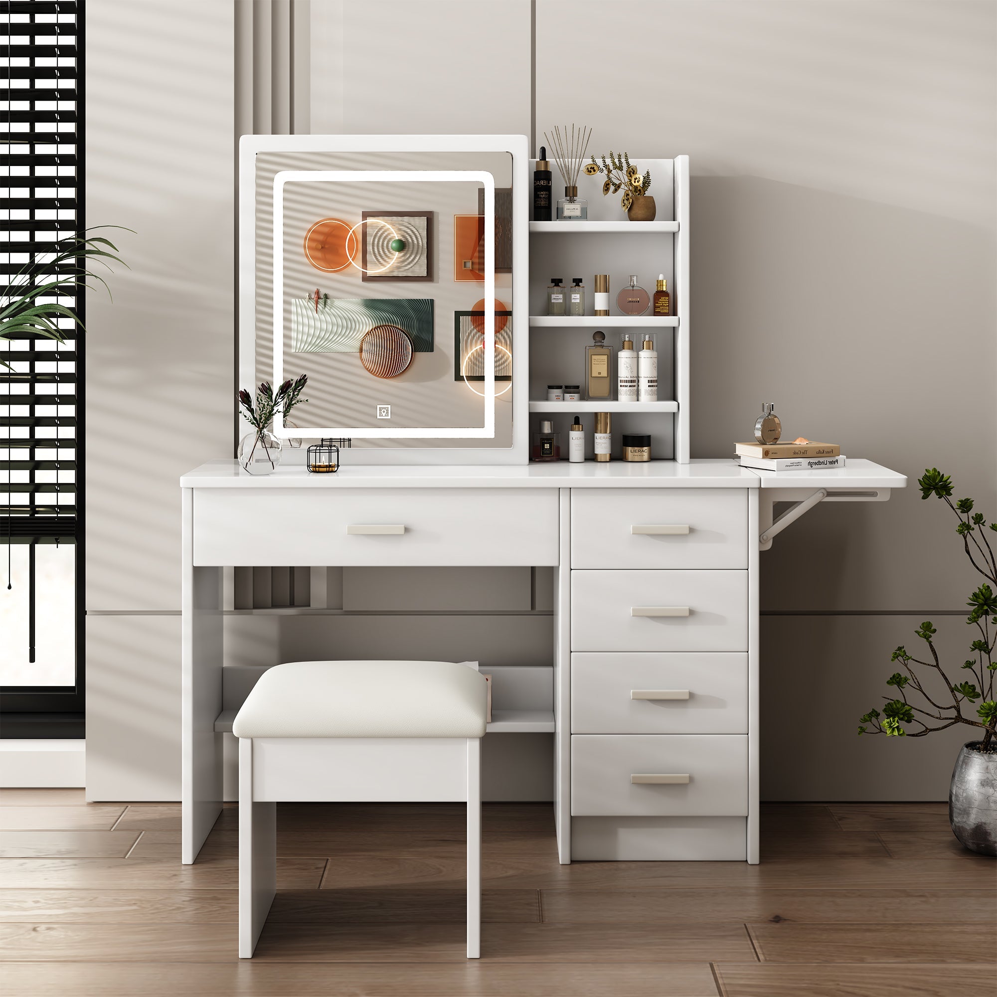 Fashion Vanity Desk with Mirror and Lights for Makeup, White MDF, 5 Drawers, Adjustable Lighting