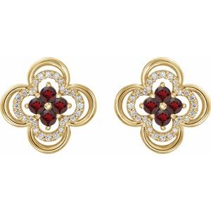 14K Yellow Gold Natural Mozambique Garnet & 1/5 CTW Natural Diamond Clover Earrings