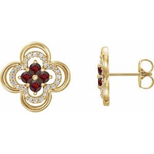 14K Yellow Gold Natural Mozambique Garnet & 1/5 CTW Natural Diamond Clover Earrings