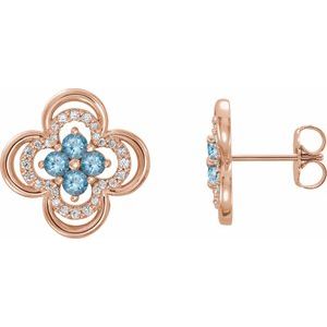 14K Rose Gold Natural Aquamarine & 1/5 CTW Natural Diamond Clover Earrings