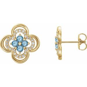 14K Yellow Gold Natural Aquamarine & 1/5 CTW Natural Diamond Clover Earrings