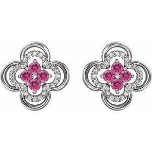 Platinum Natural Pink Tourmaline & 1/5 CTW Natural Diamond Clover Earrings – image 2