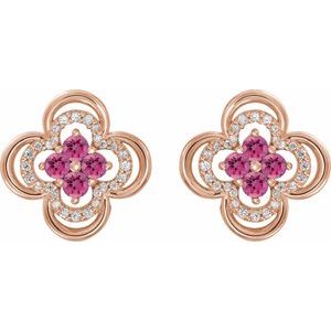 14K Rose Gold Natural Pink Tourmaline & 1/5 CTW Natural Diamond Clover Earrings
