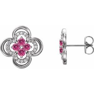 14K White Gold Natural Pink Tourmaline & 1/5 CTW Natural Diamond Clover Earrings