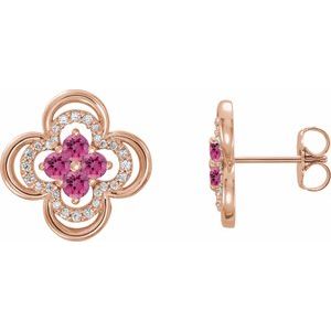 14K Rose Gold Natural Pink Tourmaline & 1/5 CTW Natural Diamond Clover Earrings