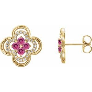 14K Yellow Gold Natural Pink Tourmaline & 1/5 CTW Natural Diamond Clover Earrings